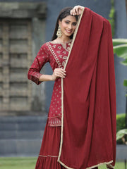 Maroon Satin Slub Festive Embroidered Printed Straight Kurta Skirt Dupatta Set