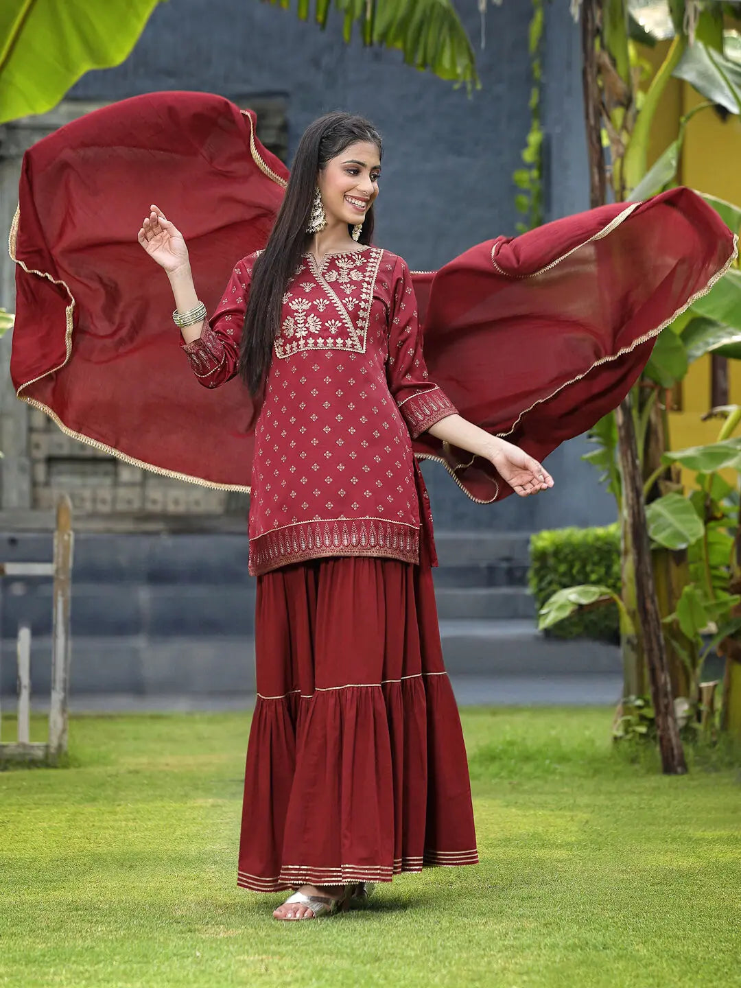 Maroon Satin Slub Festive Embroidered Printed Straight Kurta Skirt Dupatta Set