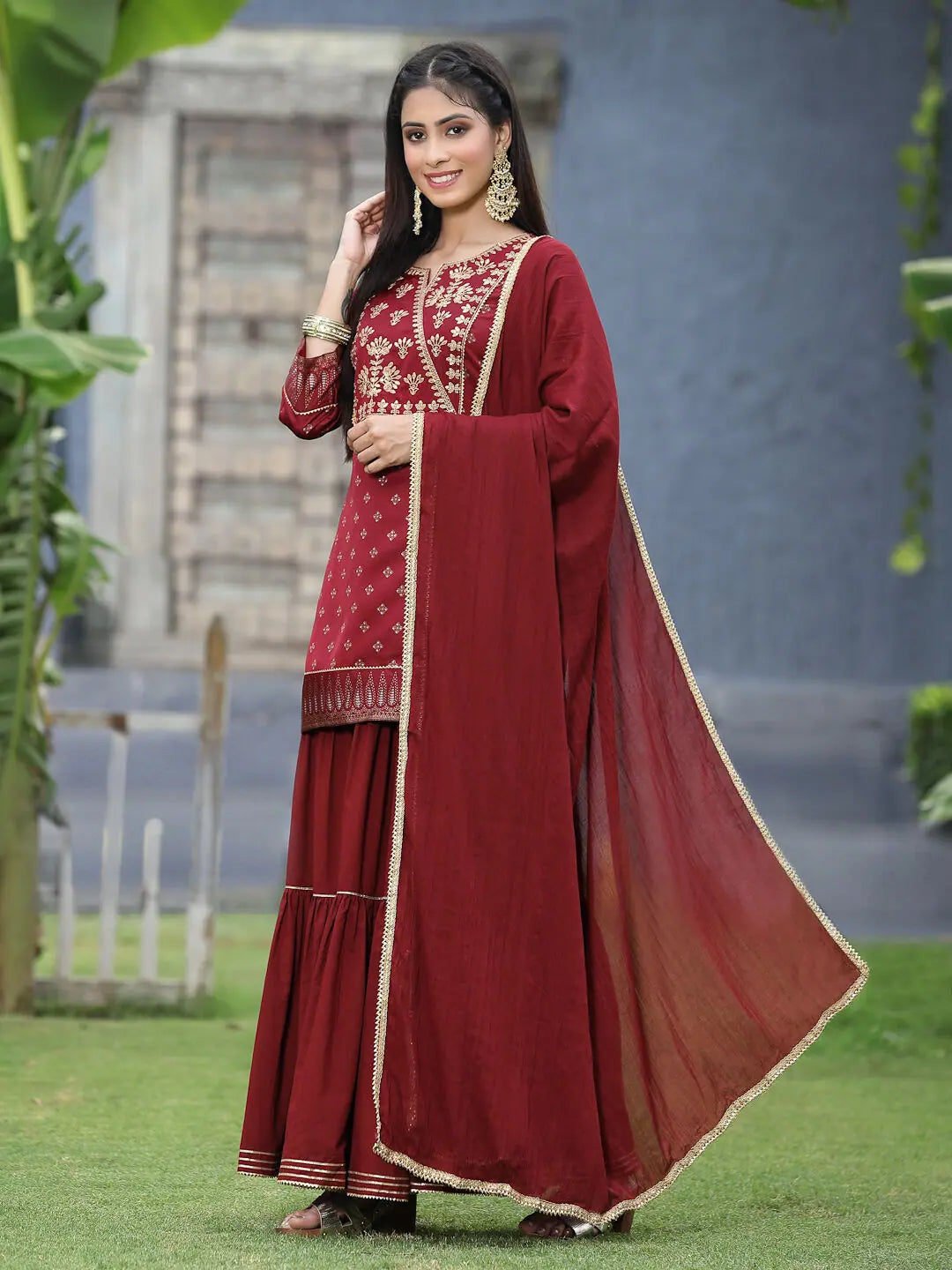 Maroon Embroidered Kurta Skirt Set - Women's Ethnic Lehenga