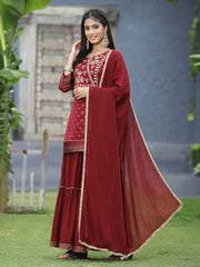 Maroon Satin Slub Festive Embroidered Printed Straight Kurta Skirt Dupatta Set