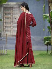 Maroon Satin Slub Festive Embroidered Printed Straight Kurta Skirt Dupatta Set