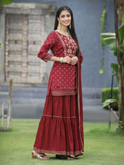 Maroon Satin Slub Festive Embroidered Printed Straight Kurta Skirt Dupatta Set