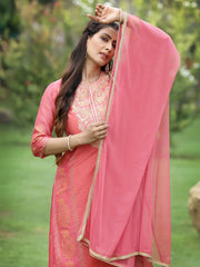 Pink Chanderi Festive Embroidered Placement Printed Straight Kurta Set