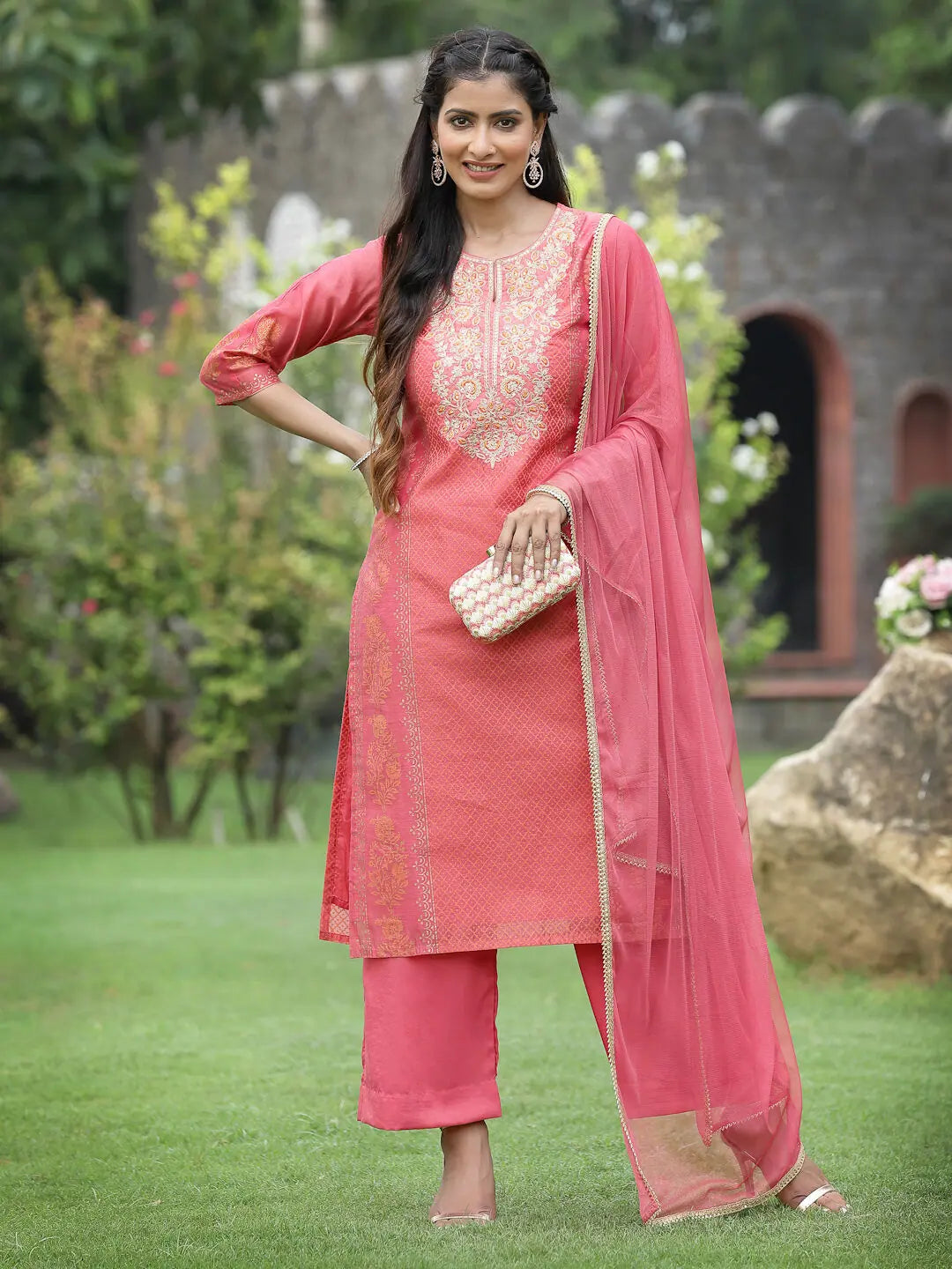 Pink Embroidered Kurta Set - Cotton Indian Kurta | [Brand]