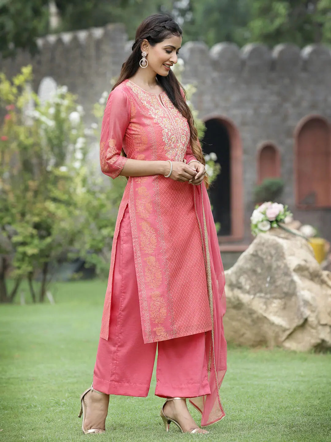 Pink Embroidered Kurta Set - Cotton Indian Kurta | [Brand]