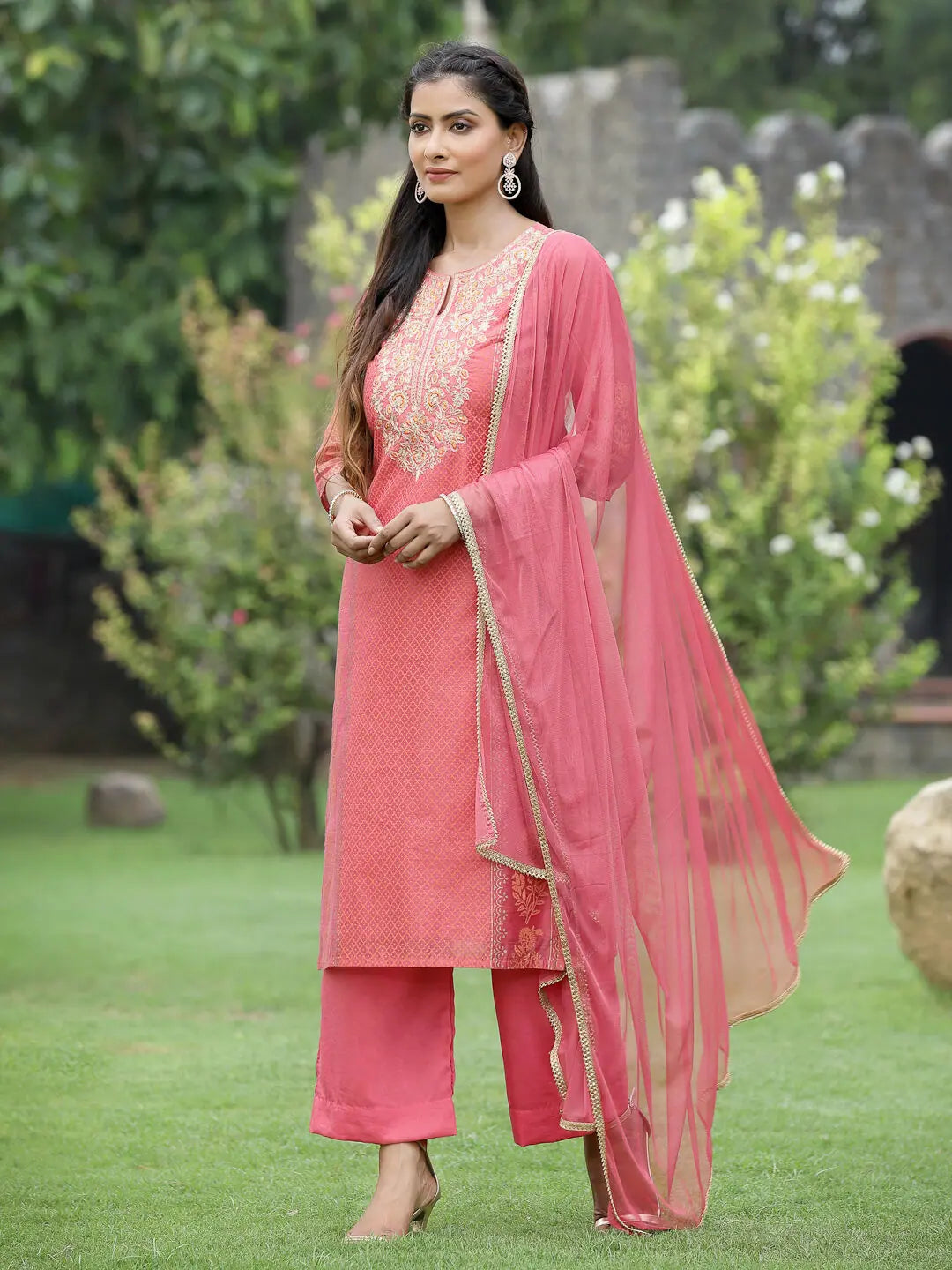 Pink Embroidered Kurta Set - Cotton Indian Kurta | [Brand]