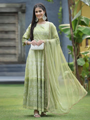 Green Santoon Slub Festive Foil Print Straight Lehnga Choli Set For Women