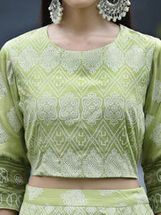 Green Santoon Slub Festive Foil Print Straight Lehnga Choli Set For Women