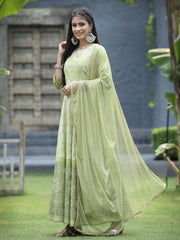 Green Santoon Slub Festive Foil Print Straight Lehnga Choli Set For Women