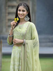 Green Santoon Slub Festive Foil Print Straight Lehnga Choli Set For Women