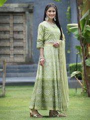 Green Santoon Slub Festive Foil Print Straight Lehnga Choli Set For Women