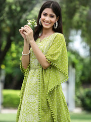 Green Georgette Festive Bandhej Printed Straight Kaftan For Women