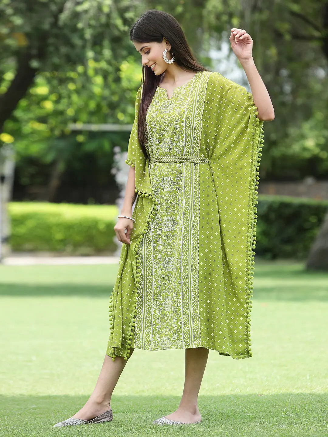 Green Printed Kaftan: Women's Festive Bandhej Stylish Kaftan