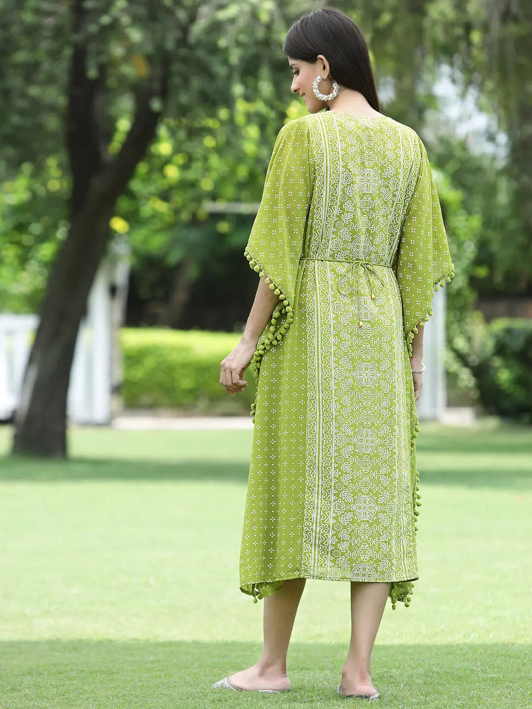 Green Printed Kaftan: Women's Festive Bandhej Stylish Kaftan