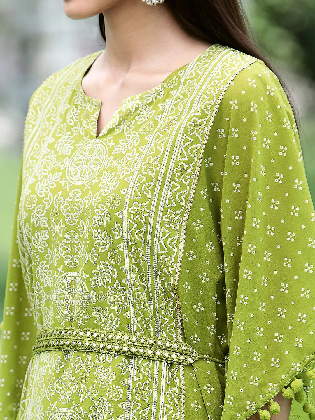 Green Printed Kaftan: Women's Festive Bandhej Stylish Kaftan