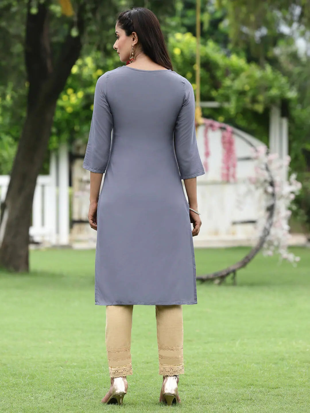 Embroidered Blue Indian Kurta - Festive Rayon Kurtas for Ladies