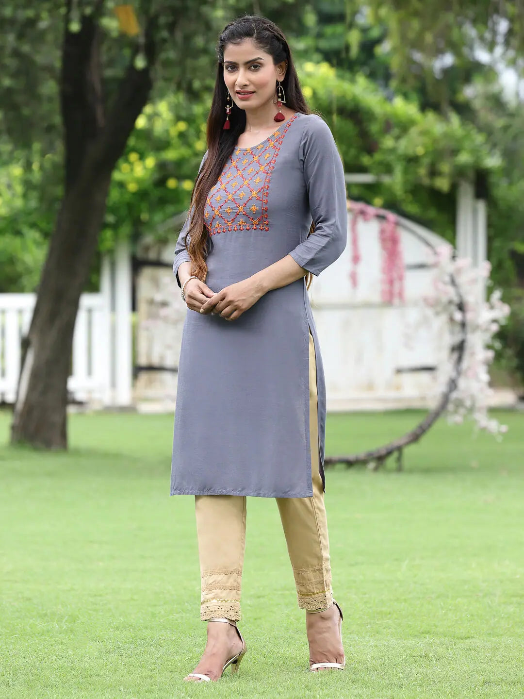 Embroidered Blue Indian Kurta - Festive Rayon Kurtas for Ladies