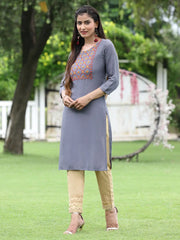 Women Blue Rayon Festive Wear Embroidered Straight Kurta
