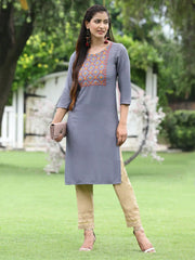 Women Blue Rayon Festive Wear Embroidered Straight Kurta