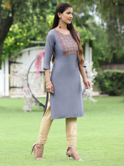 Women Blue Rayon Festive Wear Embroidered Straight Kurta