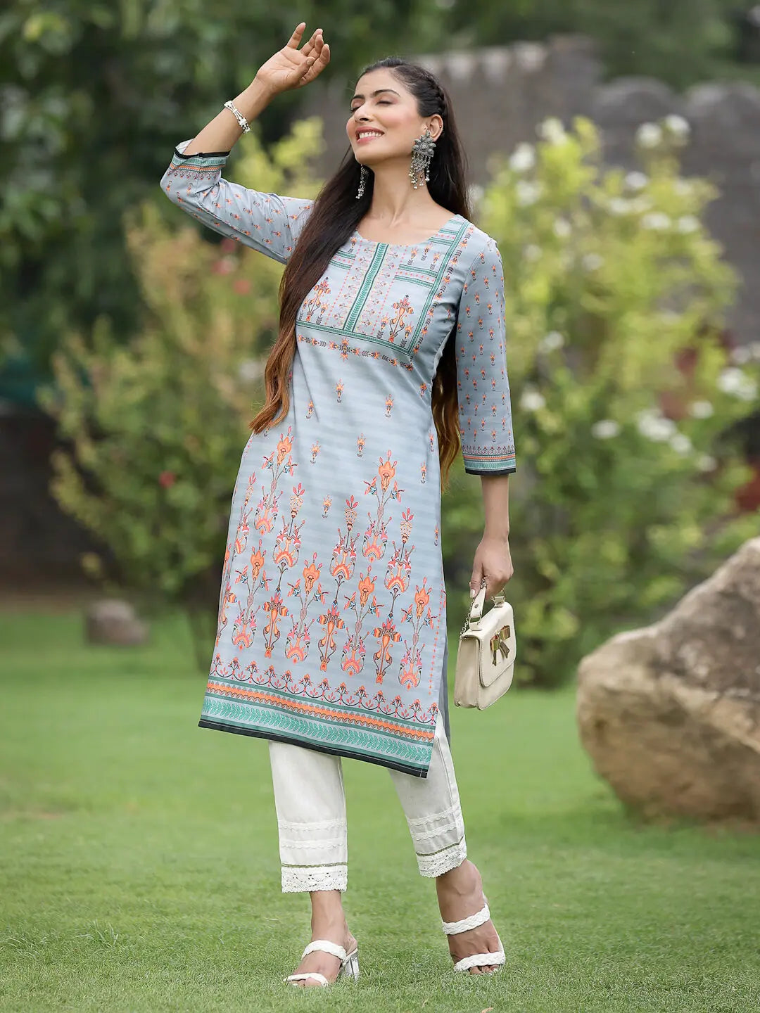 Women Grey Crepe Casual Wear Digital Printed Straight Kurta