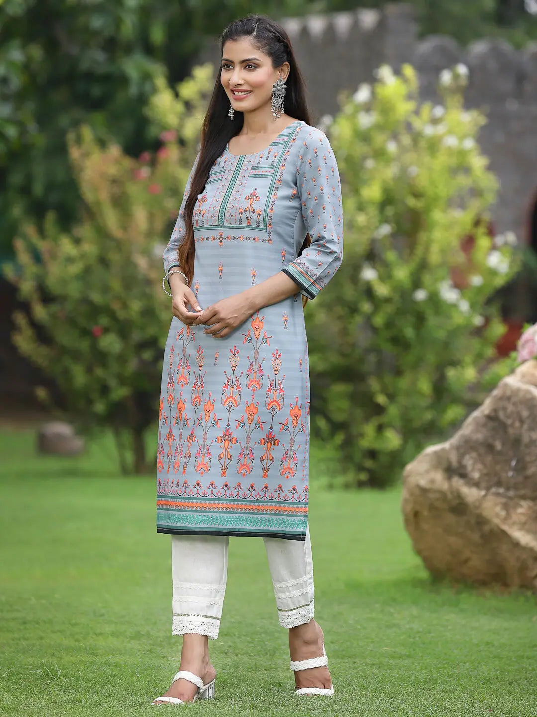 Grey Floral Cotton Kurta - Stylish Indian Kurtis for Women