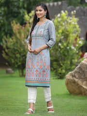 Women Grey Crepe Casual Wear Digital Printed Straight Kurta