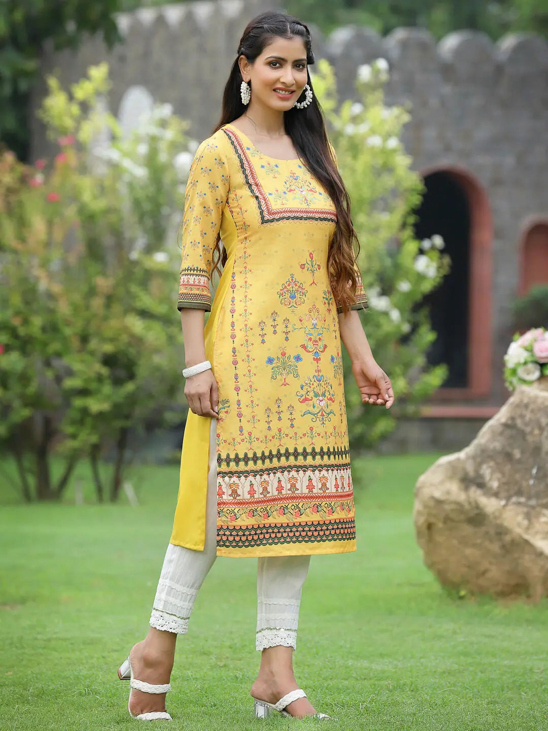 Yellow Floral Indian Kurta for Women - Casual Cotton Kurti