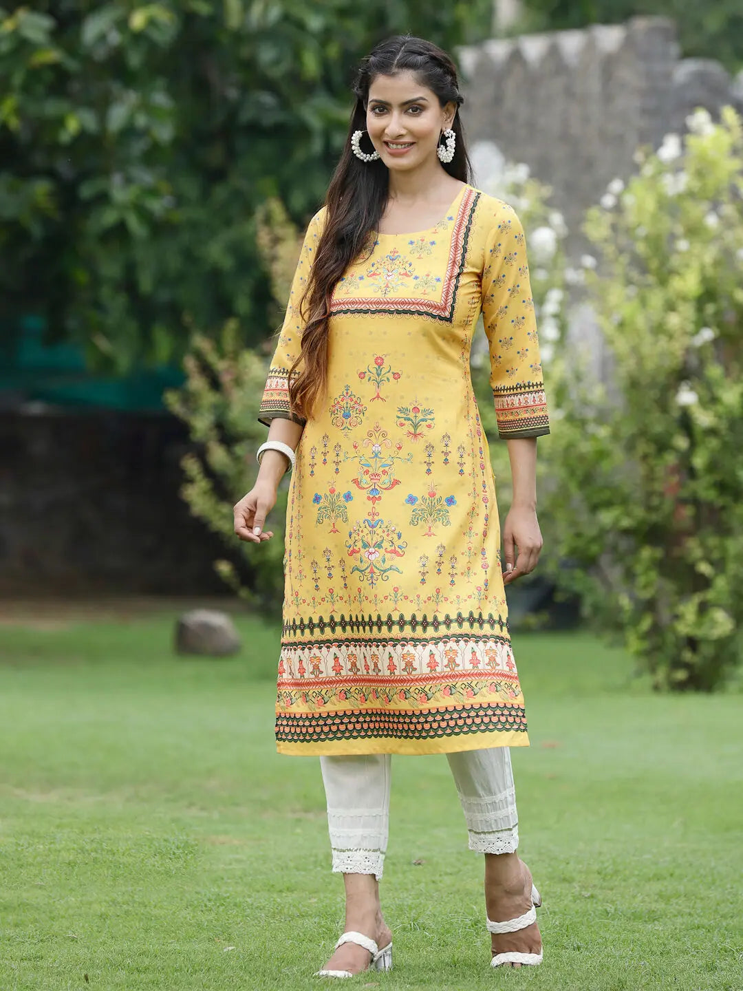Yellow Floral Indian Kurta for Women - Casual Cotton Kurti