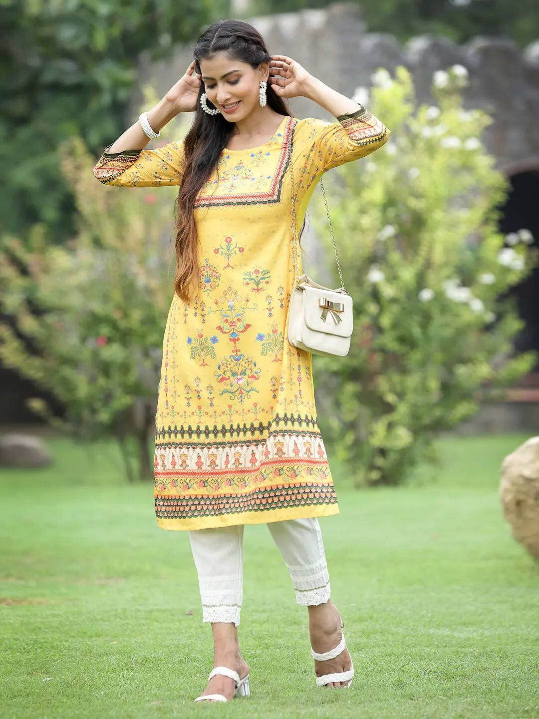 Yellow Floral Indian Kurta for Women - Casual Cotton Kurti