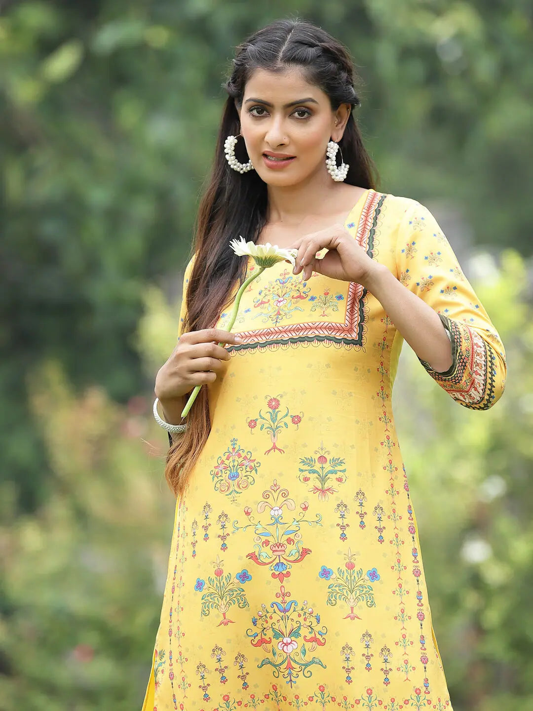Yellow Floral Indian Kurta for Women - Casual Cotton Kurti