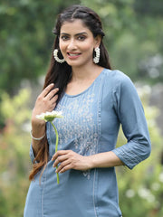 Women Grey Rayon Festive Wear Embroidered Straight Kurta