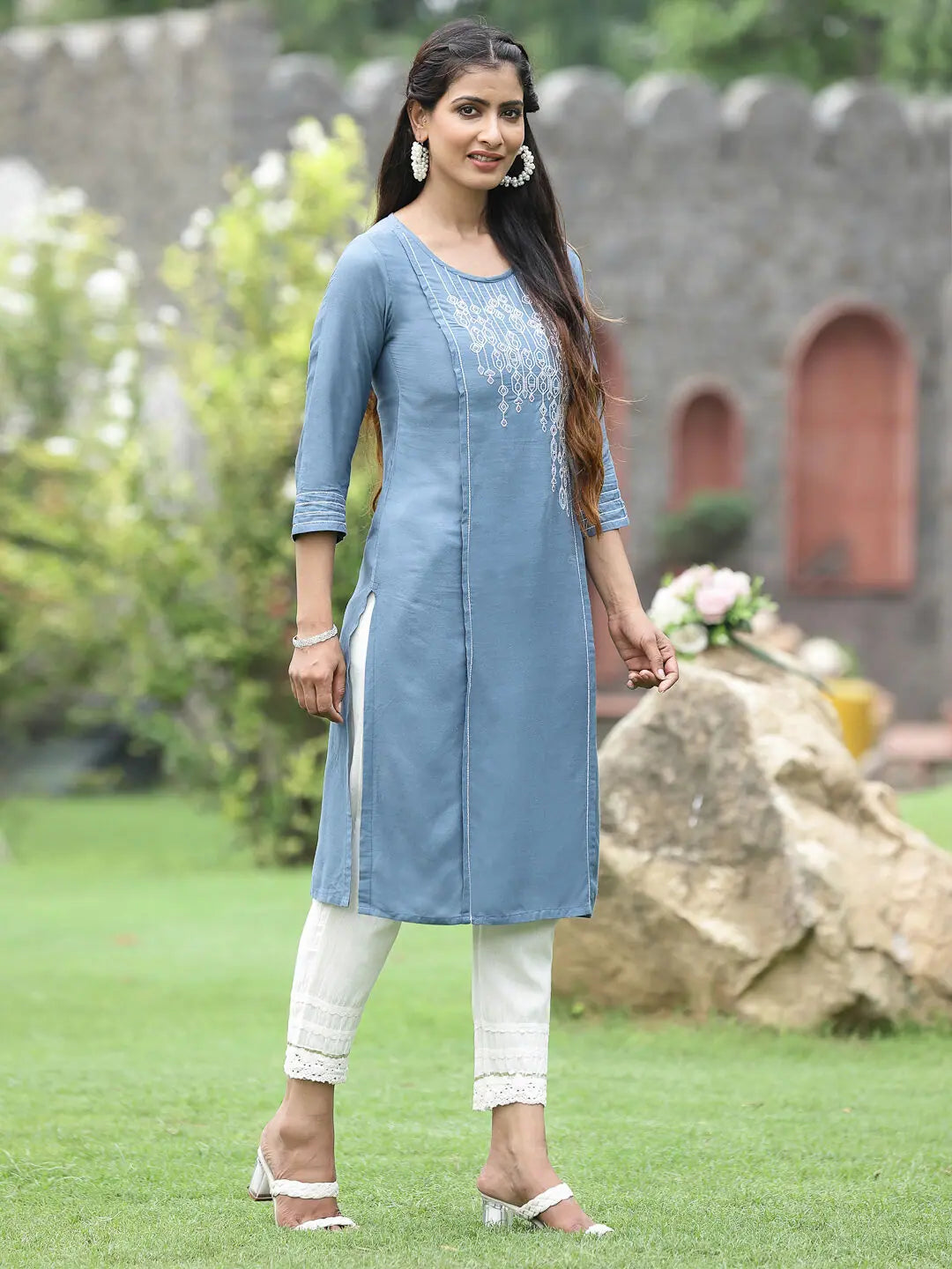 Grey Embroidered Rayon Indian Kurta - Festive Wear for Ladies