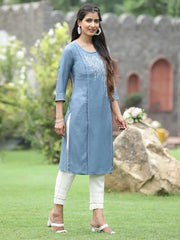 Women Grey Rayon Festive Wear Embroidered Straight Kurta