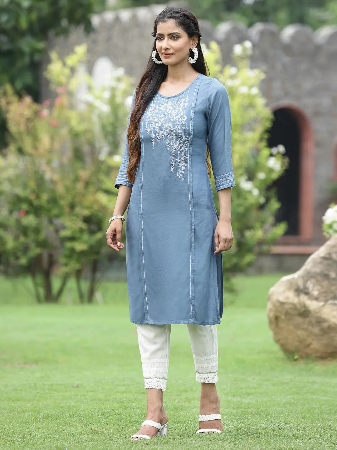 Grey Embroidered Rayon Indian Kurta - Festive Wear for Ladies