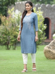 Women Grey Rayon Festive Wear Embroidered Straight Kurta