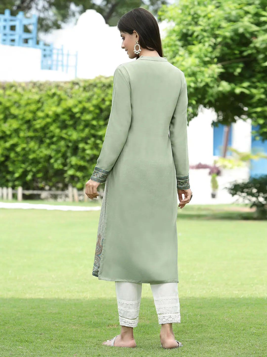 Green Floral Indian Kurta - Polyester Women's Festive Kurtis