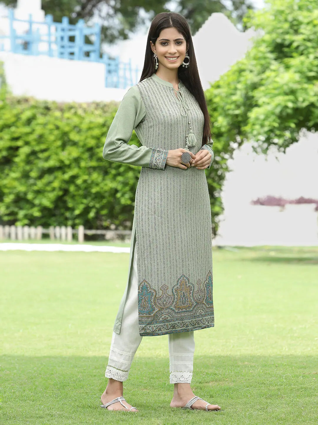Green Floral Indian Kurta - Polyester Women's Festive Kurtis