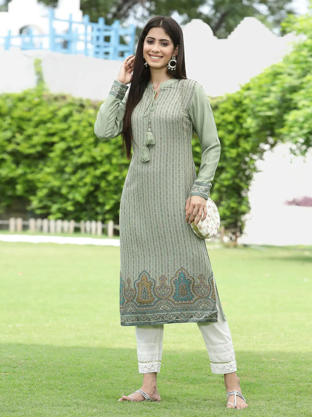 Green Floral Indian Kurta - Polyester Women's Festive Kurtis