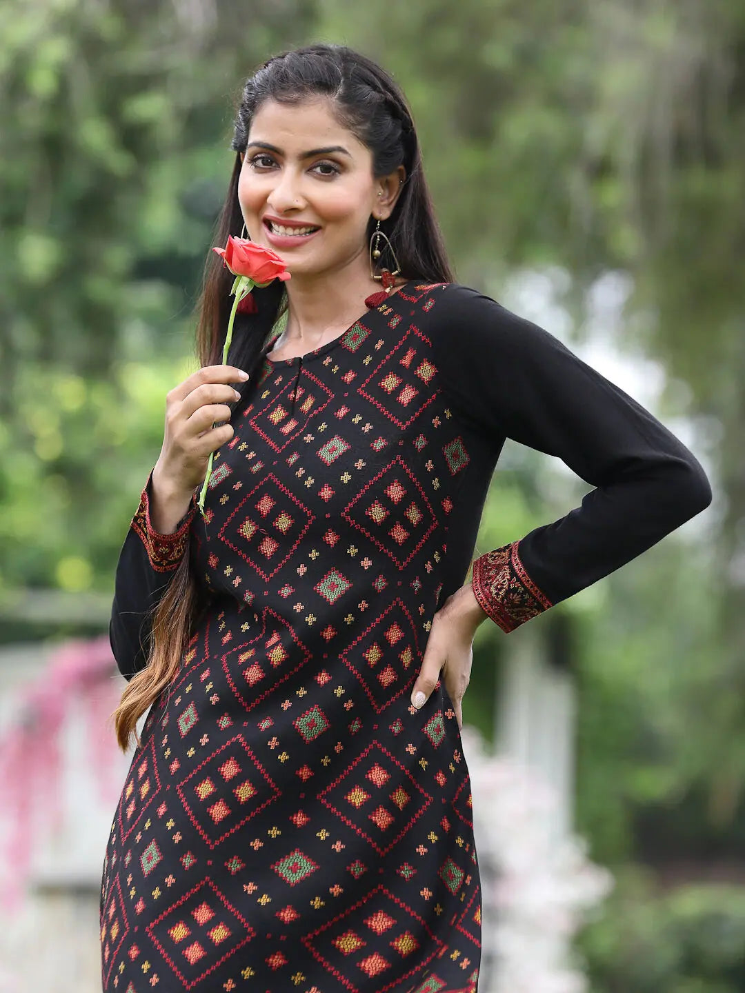 Black Floral Indian Kurta - Polyester Festive Wear for Women