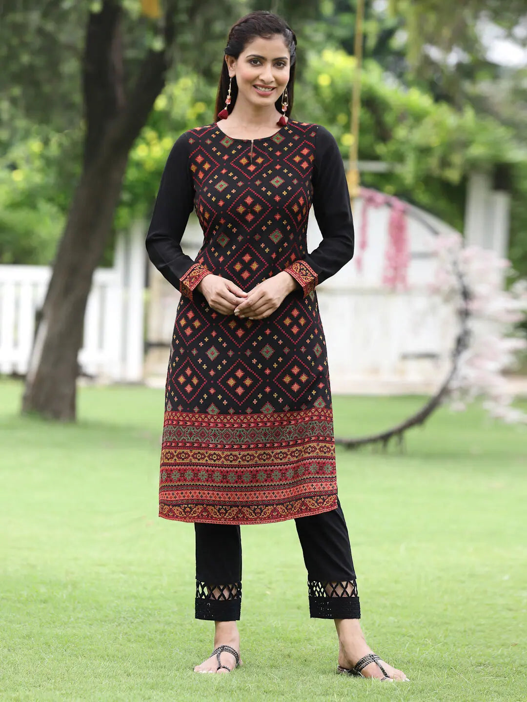 Black Floral Indian Kurta - Polyester Festive Wear for Women