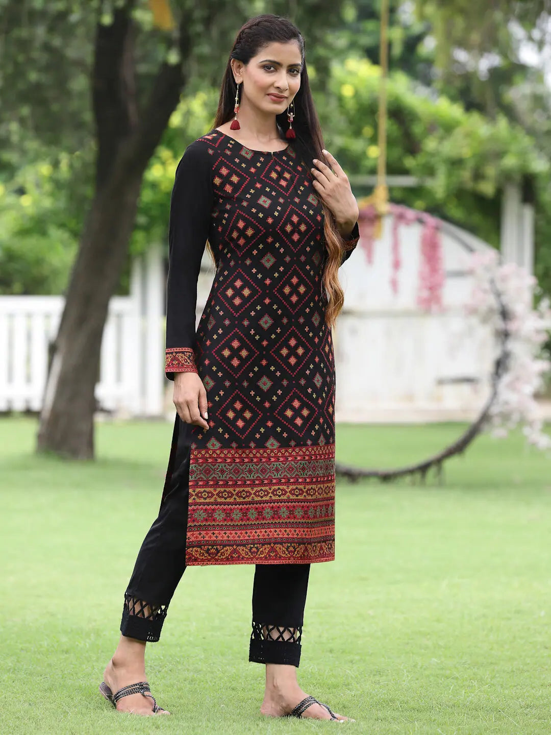 Black Floral Indian Kurta - Polyester Festive Wear for Women
