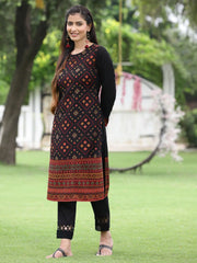 Women Women's Acrylyc Viscose Jaquard Knit Black Printed Straight Festive Kurta