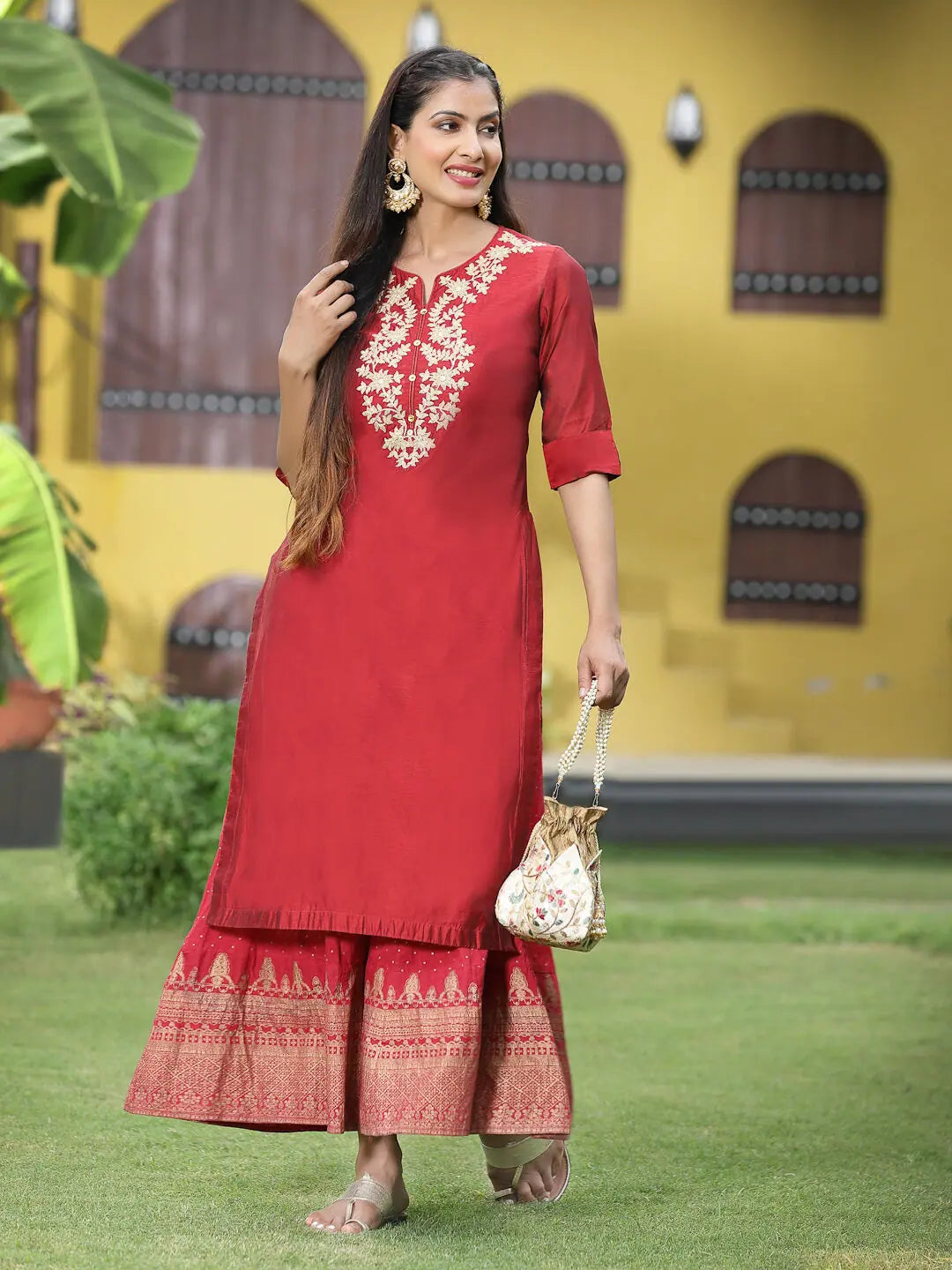 Maroon Embroidered Kurta: Festive Indian Kurtis for Ladies