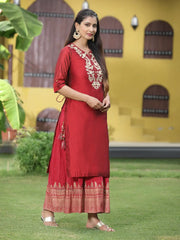 Women Maroon Chanderi Festive Embroidered + Printed Straight/Flared Kurta