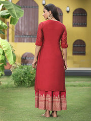 Women Maroon Chanderi Festive Embroidered + Printed Straight/Flared Kurta