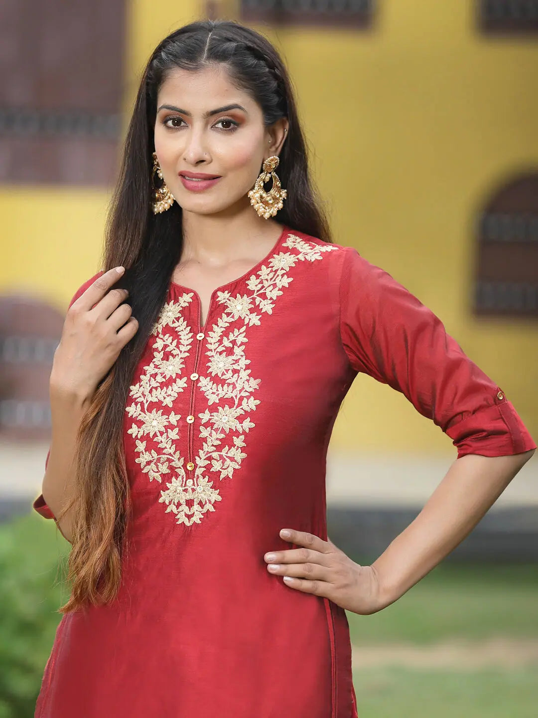 Maroon Embroidered Kurta: Festive Indian Kurtis for Ladies