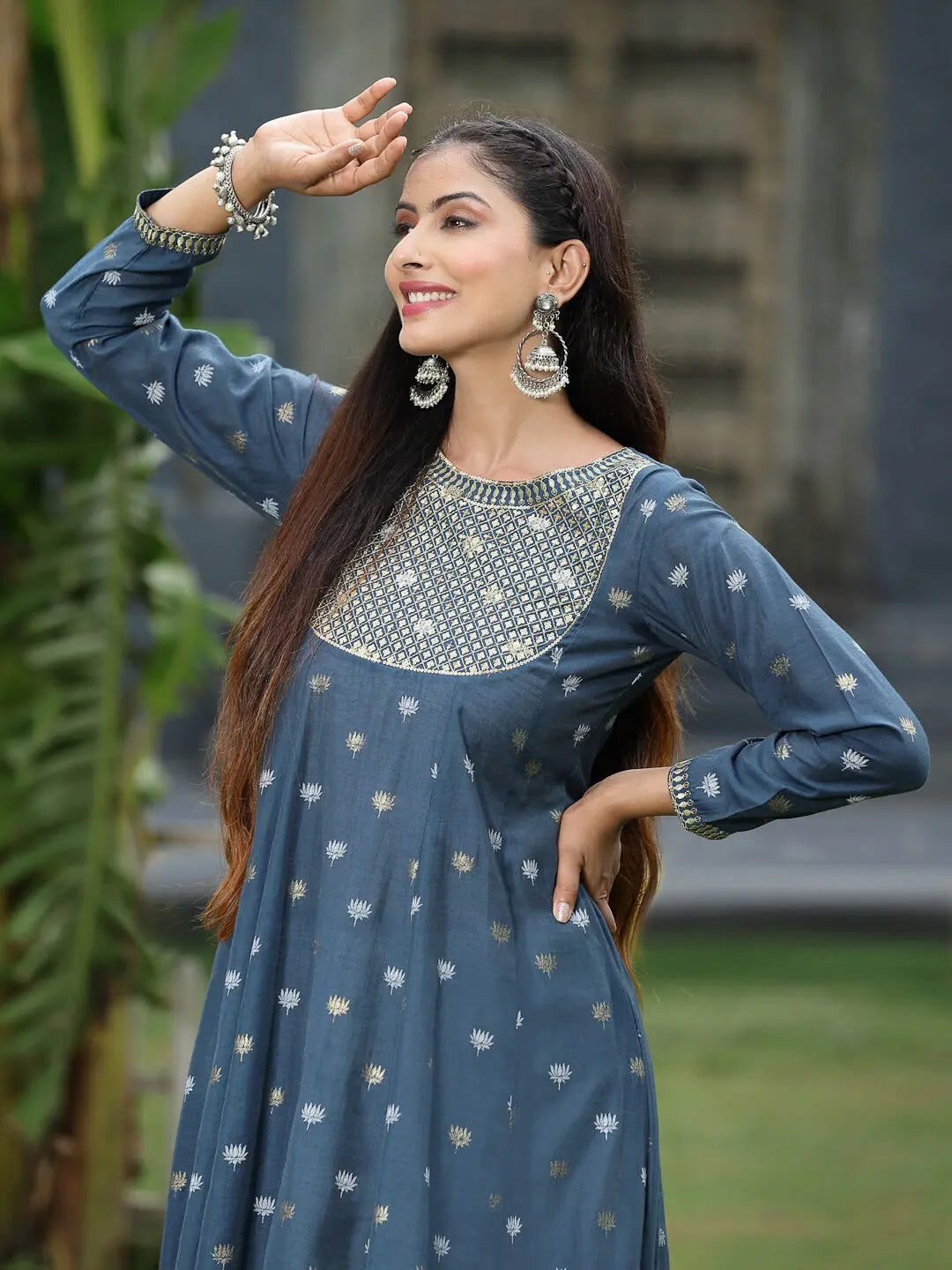 Indigo Rayon Foil Printed Anarkali Kurta - Women's Anarkali Kurti