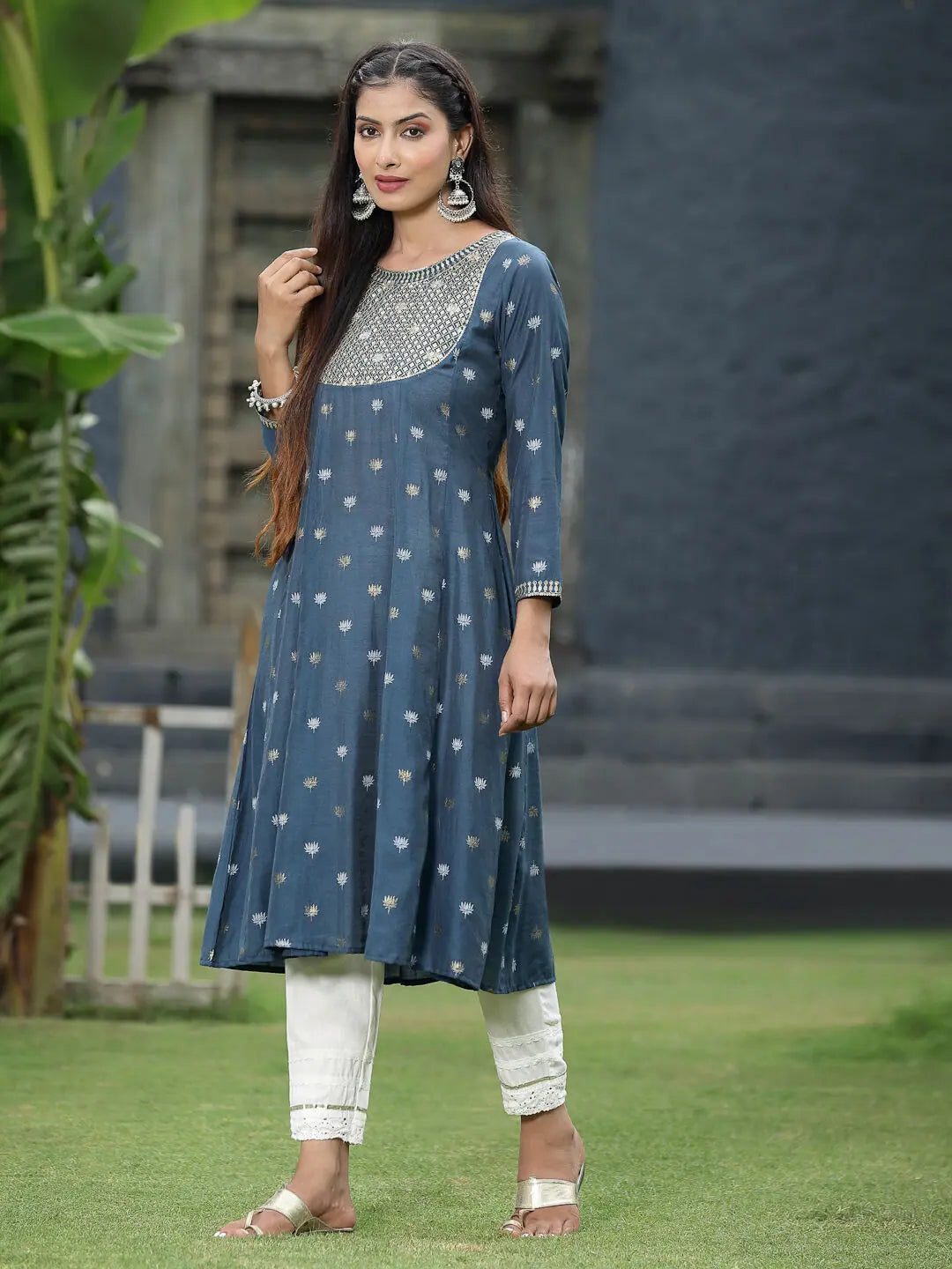 Indigo Rayon Foil Printed Anarkali Kurta - Women's Anarkali Kurti