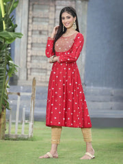 Women Red Rayon Festive Foil Printed Anarkali Flared Anarkali Kurta